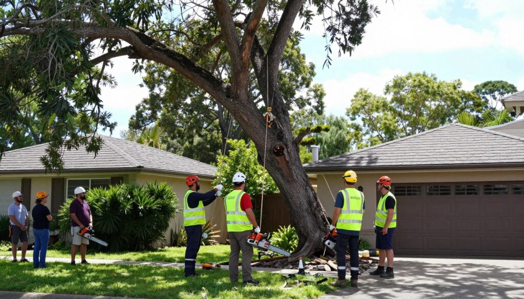 A professional tree removal team from Garwood Tree Services carefully manages the removal of a dangerously leaning tree in Jimboomba. In the foreground, the team members, dressed in bright safety vests and helmets, are using specialized equipment, including ropes and chainsaws, to assess the situation. The middle ground features the imposing tree, its branches overhanging dangerously above a suburban home, while nearby onlookers observe from a safe distance. The background showcases Jimboomba\'s lush greenery in bright daylight, conveying a serene yet tense atmosphere. The scene is captured from a low angle to emphasize the tree\'s height and the team\'s expertise. Soft natural lighting creates realistic shadows, enhancing the urgency of the situation while maintaining a professional and safe portrayal.